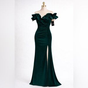 "Pandora" Long Scuba Ruffle Green Velvet Top Dress Size 8
